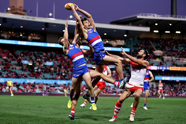 Bulldogs star Sam Darcy leaps for a mark against the Swans.