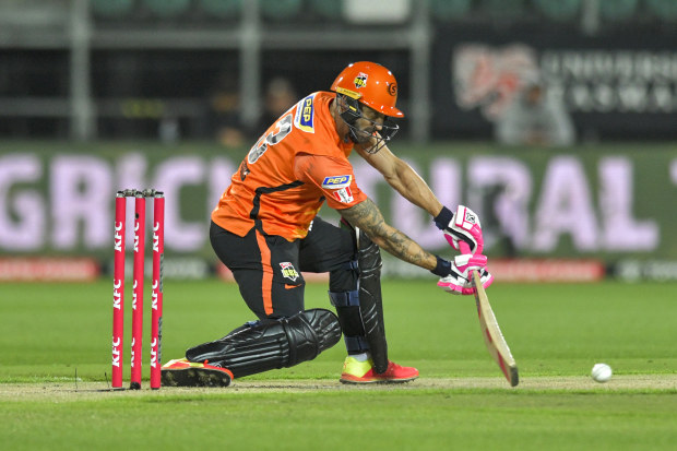 Faf Du Plessis of the Scorchers bats during the Men's Big Bash League match between the Hobart Hurricanes and the Perth Scorchers at University of Tasmania Stadium, on December 19, 2022, in Launceston, Australia. (Photo by Simon Sturzaker/Getty Images)