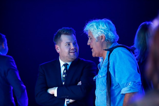 James Corden and Jay Leno attend the Jaguar I-PACE Concept, the brand's first-ever electric car, reveal at MILK Studios in Los Angeles on November 14, 2016. 