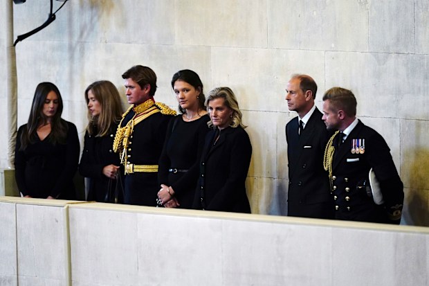 Prince Edward and Sophie, Countess of Wessex, watch as Prince William, the prince of Wales, Prince Harry,  Princess Beatrice, Lady Louise, Zara Tindall, Peter Phillips, Viscount James Severn and Princess Eugenie mount the vigil of the Queen's grandchildren around the coffin, as it lies in state on the catafalque in Westminster Hall, at the Palace of Westminster, London, Saturday,  Sept. 17, 2022