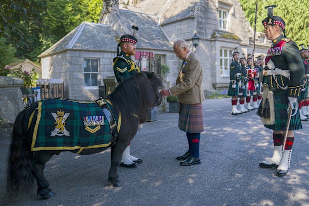 Britain's King Charles III meets Shetland pony Cpl Cruachan IV (mascot of the Royal Regiment of Scotland) during an inspection of the Balaklava Company, 5th Battalion, The Royal Regiment of Scotland, at the gates of Balmoral, in Aberdeenshire, Scotland, Monday Aug. 18, 2025. (Jane Barlow/PA via AP)