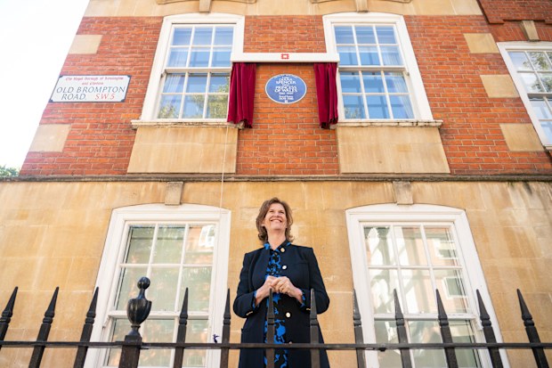 Princess Diana's former flatmate Virginia Clarke stands outside Coleherne Court, Old Brompton Road, London, Wednesday September 29, 2021, during the unveiling of the English Heritage blue plaque. 