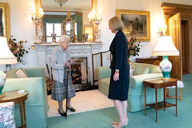 Queen Elizabeth greets newly elected leader of the Conservative party Liz Truss as she arrives at Balmoral Castle for an audience where she will be invited to become Prime Minister and form a new government on September 6, 2022 in Aberdeen, Scotland.  