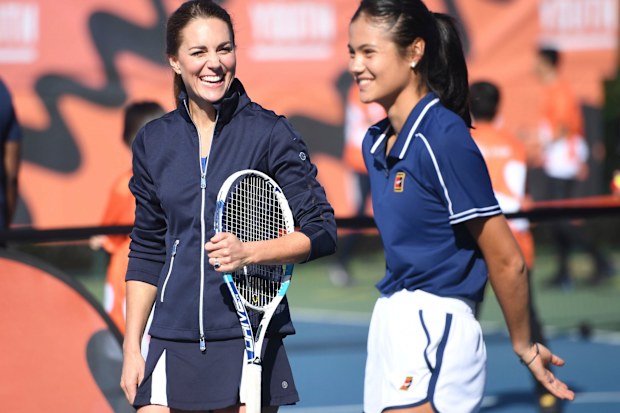 Kate Middleton, the Duchess of Cambridge, plays tennis with US Open Champion Emma Raducanu during an event hosted by the LTA Youth programme, at the National Tennis Centre in London, Friday, Sept. 24, 2021. (Jeremy Selwyn/Pool Photo via AP)