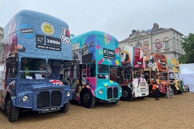 The row of buses, which were filled with celebrities and took part in The Time of Our Lives section of the Platinum Jubilee Pageant outside Buckingham Palace in London, Sunday June 5, 2022, on the last of four days of celebrations to mark the Platinum Jubilee 
