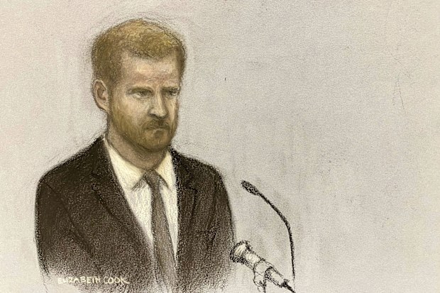 Court artist sketch by Elizabeth Cook Britain's Prince Harry gives evidence at the Rolls Buildings in central London, Tuesday, June 6, 2023 during the phone hacking trial against Mirror Group Newspapers