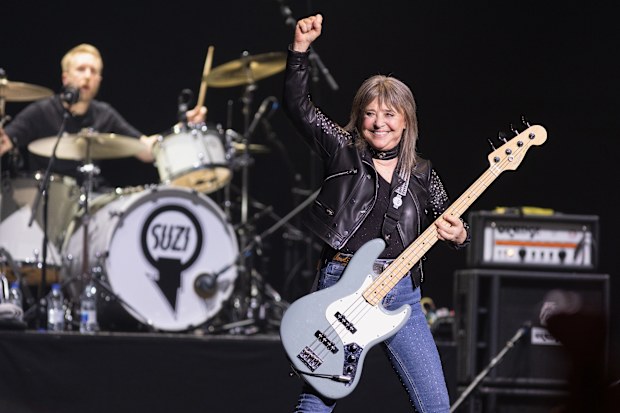 Suzi Quatro performs on stage at the Royal Albert Hall on April 20, 2022 in London, England.