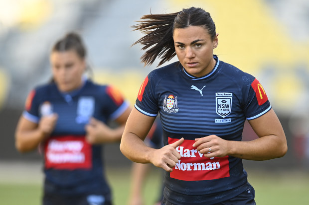 TOWNSVILLE, AUSTRALIA - JUNE 21: Millie Boyle of the Blues trains during a New South Wales Women's State of Origin captain's run at Queensland Country Bank Stadium on June 21, 2023 in Townsville, Australia. (Photo by Ian Hitchcock/Getty Images)