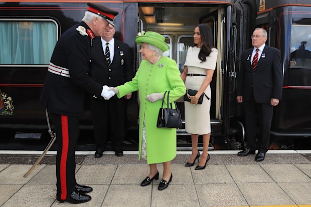 Queen Elizabeth II and Meghan, the Duchess of Sussex arrive by Royal Train at Runcorn Station to carry out engagements in Cheshire. PRESS ASSOCIATION Photo. Picture date: Thursday June 14, 2018. See PA story ROYAL Queen. Photo credit should read: Peter Byrne/PA Wire