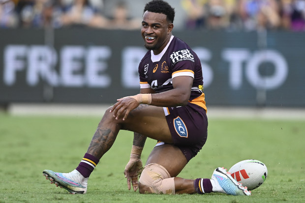 Ezra Mam of The Broncos celebrates after scoring a try  during the round 23 NRL match between North Queensland Cowboys and Brisbane Broncos at Qld Country Bank Stadium on August 05, 2023 in Townsville, Australia. (Photo by Ian Hitchcock/Getty Images)