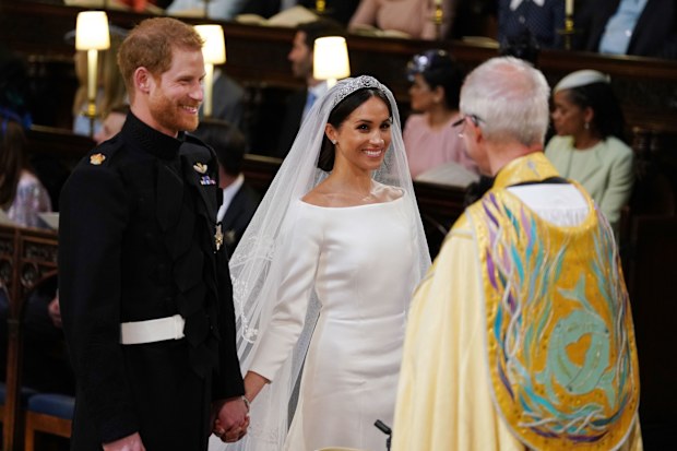 Prince Harry and Meghan Markle during their wedding service, conducted by the Archbishop of Canterbury Justin Welby in St George's Chapel at Windsor Castle on May 19, 2018 in Windsor, England. 