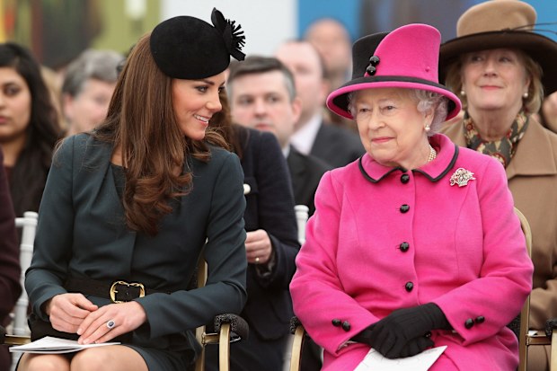 Kate Middleton and Queen Elizabeth II on March 8, 2012 in Leicester, England.