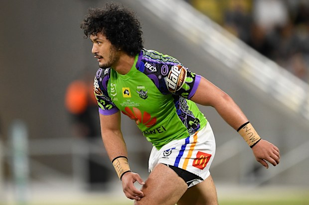 Corey Harawira-Naera of the Raiders during the round 12 NRL match between the North Queensland Cowboys and the Canberra Raiders at QCB Stadium on August 01, 2020 in Townsville, Australia.