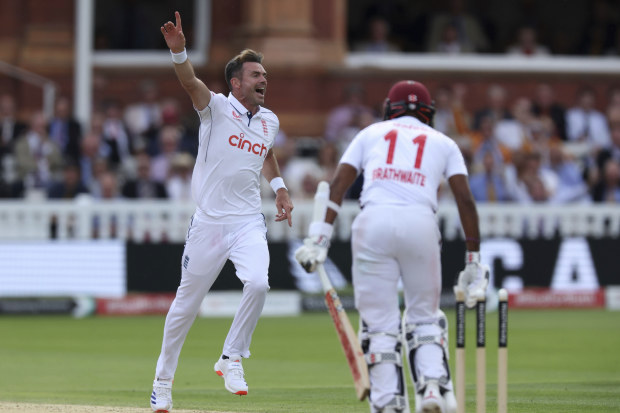 England's James Anderson celebrates bowling out West Indies' Kraigg Brathwaite.