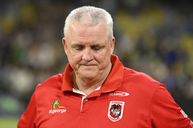 TOWNSVILLE, AUSTRALIA - MAY 13: Dragons coach Anthony Griffin looks on after losing the round 11 NRL match between North Queensland Cowboys and St George Illawarra Dragons at Qld Country Bank Stadium on May 13, 2023 in Townsville, Australia. (Photo by Ian Hitchcock/Getty Images)