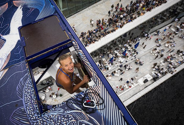 In this handout image provided by Red Bull, Rhiannan Iffland of Australia reacts while climbing down from the 27 metre to the 21 metre platform during the final competition day of the fifth stop of the Red Bull Cliff Diving World Series on August 10, 2024 at the Oslo, Norway. 