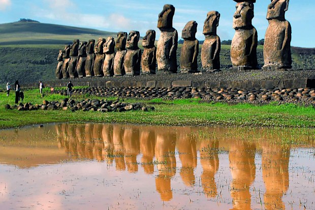 Giant volcanic rock statues at the Easter Island.