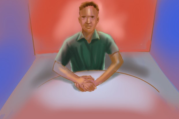 A court sketch of David William James during his committal hearing in Sydney today.