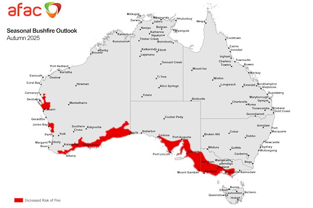 A weather map showing the parts of Australia with an elevated risk of bushfires in autumn.