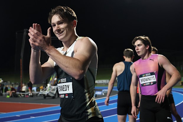 SYDNEY, AUSTRALIA - APRIL 11: Lachlan Kennedy of Queensland celebrates after winning the Men's 100m Final during the 2026 Australian Athletics Championships at Sydney Olympic Park Athletic Centre on April 11, 2026 in Sydney, Australia. (Photo by Cameron Spencer/Getty Images)