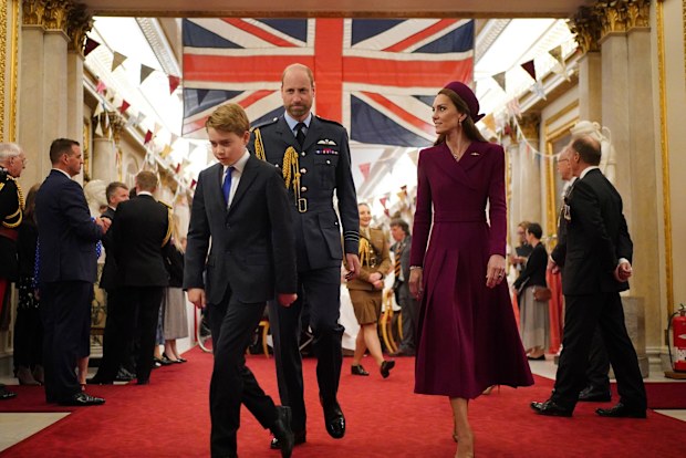 Prince George with the Prince of Wales and the Princess of Wales join Second World War veterans at a tea party in Buckingham Palace, central London, following the military procession to mark the 80th anniversary of VE Day. Picture date: Monday May 5, 2025. PA Photo. See PA story MEMORIAL VEDay. Photo credit should read: Yui Mok/PA Wire