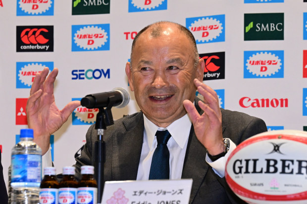 Japan coach Eddie Jones attends a press conference.