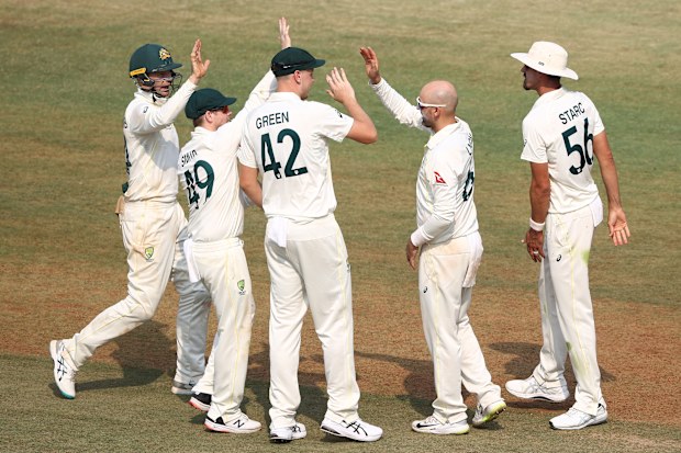 INDORE, INDIA - MARCH 02: Nathan Lyon of Australia celebrates taking the wicket of KS Bharat of India during day two of the Third Test match in the series between India and Australia at Holkare Cricket Stadium on March 02, 2023 in Indore, India. (Photo by Robert Cianflone/Getty Images)