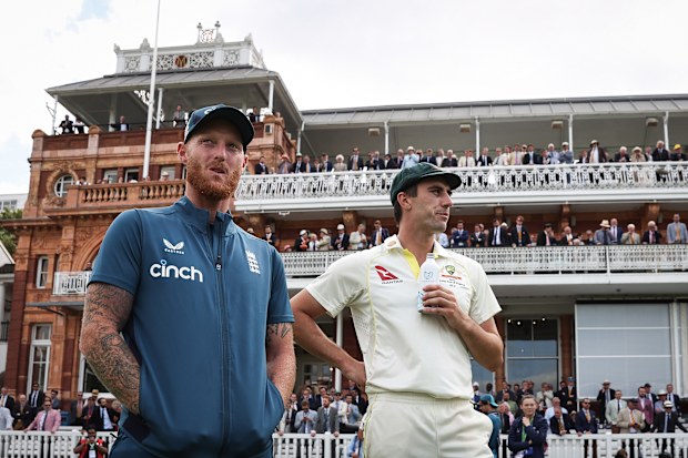 Ben Stokes of England with Australian captain Pat Cummins after play on day five of the second Test at Lord's.