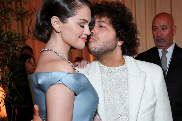 Selena Gomez and Benny Blanco attend the 82nd Annual Golden Globe Awards at The Beverly Hilton on January 5, 2025 in Beverly Hills, California.  