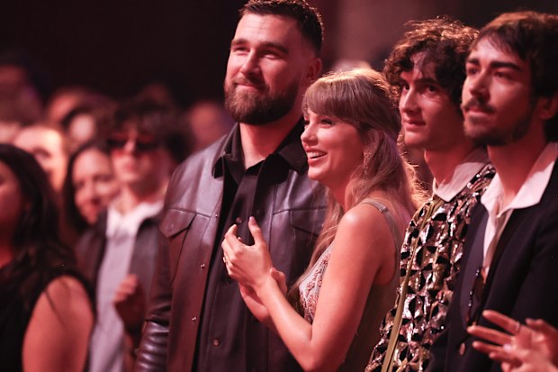 Travis Kelce and Taylor Swift at the 2026 iHeartRadio Music Awards held at Dolby Theatre on March 26, 2026 in Los Angeles, California. (Photo by Christopher Polk/Billboard via Getty Images)