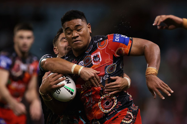 WOLLONGONG, AUSTRALIA - JUNE 16: Moses Suli of the Dragons is tackled during the round 15 NRL match between the St George Illawarra Dragons and the South Sydney Rabbitohs at WIN Stadium, on June 16, 2022, in Wollongong, Australia. (Photo by Cameron Spencer/Getty Images)