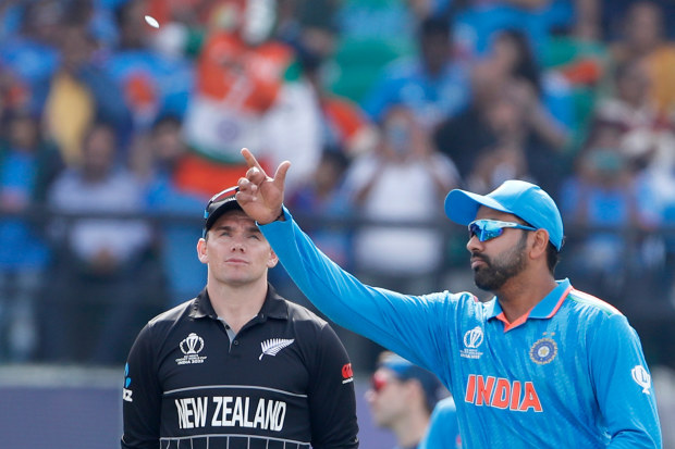 DHARAMSALA, INDIA - OCTOBER 22:  Tom Latham of the New Zealand  L) and Rohit Sharma of the India at toss during the ICC Men's Cricket World Cup India 2023 between India and New Zealand at HPCA Stadium on October 22, 2023 in Dharamsala, India. (Photo by Surjeet Yadav/Getty Images)