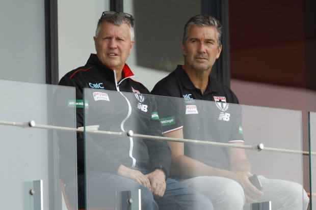 MELBOURNE, AUSTRALIA - FEBRUARY 01: Head of Talent and Acquisition, Graeme Allan and  List Manager Stephen Silvagni look on during a St Kilda Saints AFL training session at RSEA Park on February 01, 2023 in Melbourne, Australia. (Photo by Darrian Traynor/Getty Images)