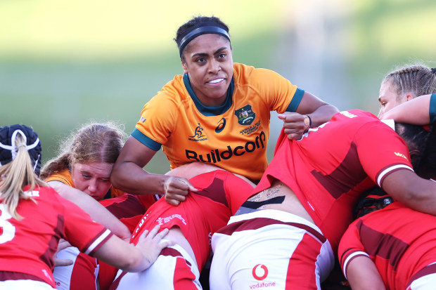 Sera Naiqama of Australia looks up from the maul during the WXV1 match between the Wallaroos and Wales.