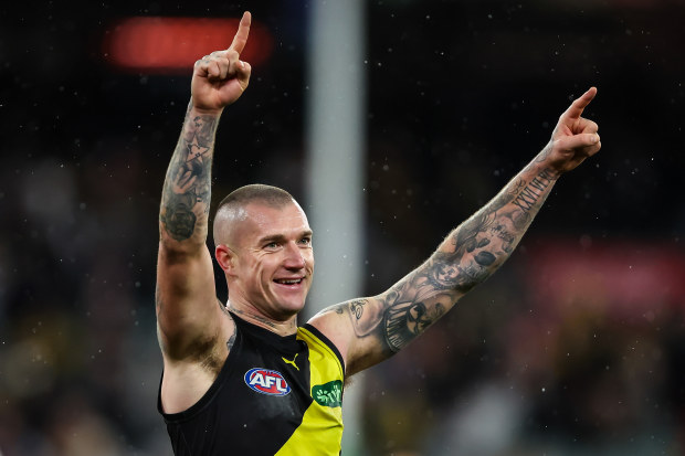 MELBOURNE, AUSTRALIA - JULY 06: Dustin Martin of the Tigers celebrates after the siren during the 2023 AFL Round 17 match between the Richmond Tigers and the Sydney Swans at the Melbourne Cricket Ground on July 6, 2023 in Melbourne, Australia. (Photo by Dylan Burns/AFL Photos via Getty Images)