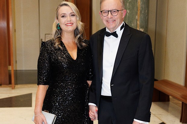 Jodie Haydon and Prime Minister Anthony Albanese during arrivals at the Midwinter Ball, at Parliament House in Canberra on Wednesday 7 September 2022. fedpol Photo: Alex Ellinghausen
