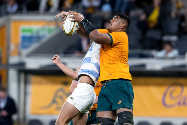Will Skelton of the Wallabies contests the ball.