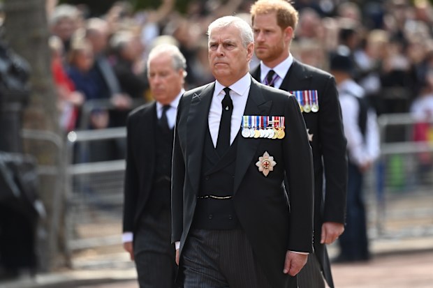 Prince Andrew, Duke of York and Prince Harry, Duke of Sussex walk behind the coffin during the procession for the Lying-in State of Queen Elizabeth II on September 14, 2022 in London, England.  