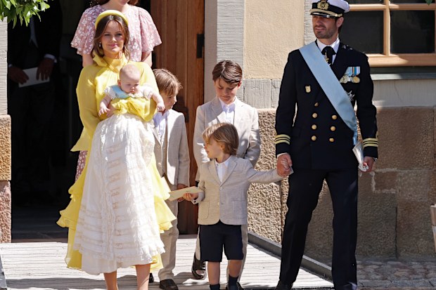 STOCKHOLM, SWEDEN - JUNE 13: Princess Sofia of Sweden, Princess Ines of Sweden, Princess Estelle of Sweden, Prince Gabriel of Sweden, Prince Alexander of Sweden, Prince Julian of Sweden and Prince Carl Phillip of Sweden leave after the christening of Princess Ines of Sweden at the Drottningholm Palace Chapel on June 13, 2025 in Stockholm, Sweden.  (Photo by Michael Campanella/Getty Images)