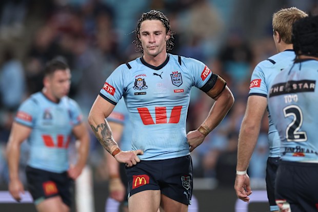 Nicho Hynes cuts a dejected figure during game one of the 2024 State of Origin series.