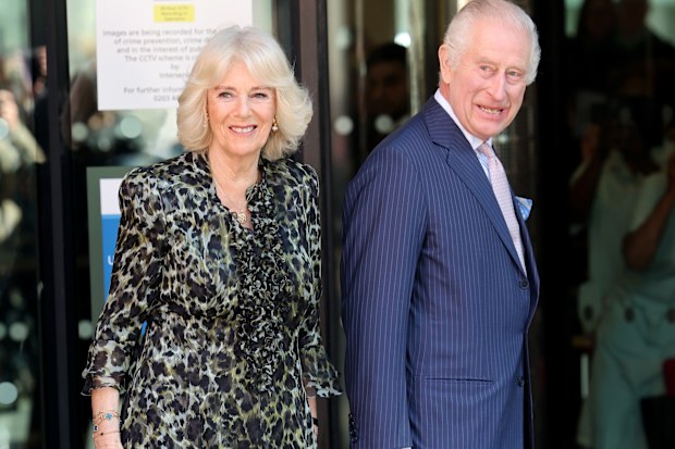 Queen Camilla and King Charles III arrive at the University College Hospital Macmillan Cancer Centre on April 30, 2024 in London, England.