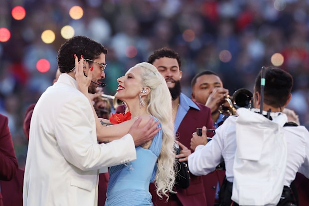 Bad Bunny and Lady Gaga perform onstage during the Apple Music Super Bowl LX Halftime Show at Levi's Stadium on February 08, 2026 in Santa Clara, California. (Photo by Kevin C. Cox/Getty Images)