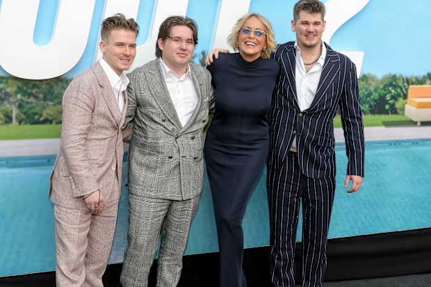 HOLLYWOOD, CALIFORNIA - AUGUST 11: (L-R) Roan Stone, Quinn Stone, Sharon Stone and Laird Stone attend the premiere of Universal Pictures' "Nobody 2" at TCL Chinese Theatre on August 11, 2025 in Hollywood, California. (Photo by Kevin Winter/Getty Images)