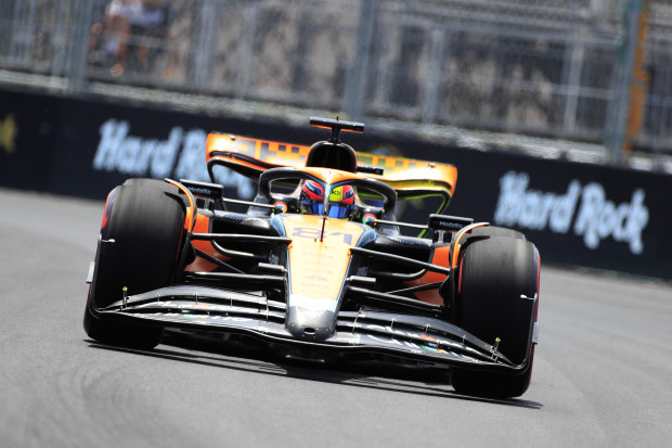 McLaren Mercedes driver Oscar Piastri #81 exits turn 12 during practice for the Formula 1 Crypto.com Miami Grand Prix on May 5, 2023 at Miami International Autodrome in Miami gardens, FL. (Photo by Jeff Robinson/Icon Sportswire via Getty Images)