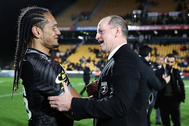 Martin Taupau and Michael Maguire pictured after a New Zealand Test match in 2018.