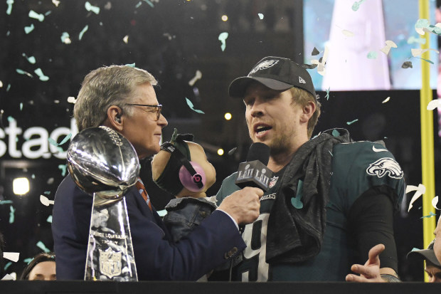 MINNEAPOLIS, MN - FEBRUARY 04: Nick Foles #9 of the Philadelphia Eagles talks with commentator Dan Patrick after the Eagles defeated the New England Patriots in Super Bowl LII at U.S. Bank Stadium on February 4, 2018 in Minneapolis, Minnesota. The Eagles defeated the Patriots 41-33. (Photo by Focus on Sport/Getty Images) *** Local Caption *** Nick Foles; Dan Patrick