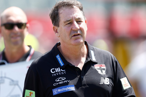 MELBOURNE, AUSTRALIA - FEBRUARY 22: Ross Lyon, Senior Coach of the Saints looks on during the 2025 AFL match simulation between the Carlton Blues and St Kilda Saints at Ikon Park on February 22, 2025 in Melbourne, Australia. (Photo by Michael Willson/AFL Photos via Getty Images)