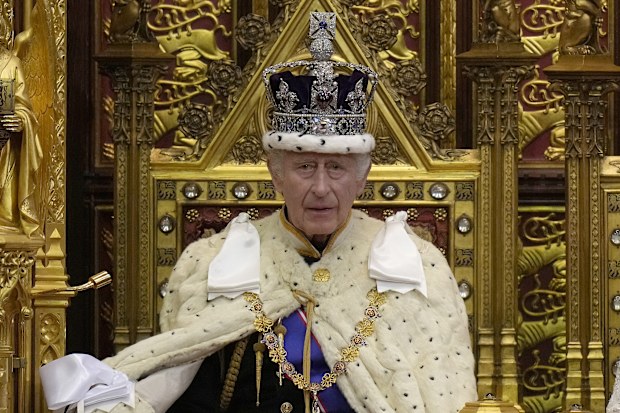King Charles III pauses during the State Opening of Parliament at the Palace of Westminster in London on Nov. 7, 2023. 