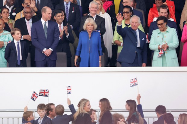 King Charles III, Queen Camilla, Prince George of Wales, Prince William, Prince of Wales, Rishi Sunak and Patricia Scotland, Baroness Scotland are seen during the Coronation Concert on May 07, 2023 in Windsor, England. The Windsor Castle Concert is part of the celebrations of the Coronation of Charles III and his wife, Camilla, as King and Queen of the United Kingdom of Great Britain and Northern Ireland, and the other Commonwealth realms that took place at Westminster