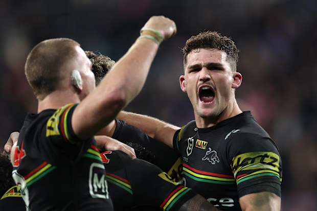 Nathan Cleary of the Panthers celebrate winning the round 17 NRL match between the Penrith Panthers and Canterbury Bulldogs at CommBank Stadium on June 26, 2025, in Sydney, Australia. (Photo by Cameron Spencer/Getty Images)